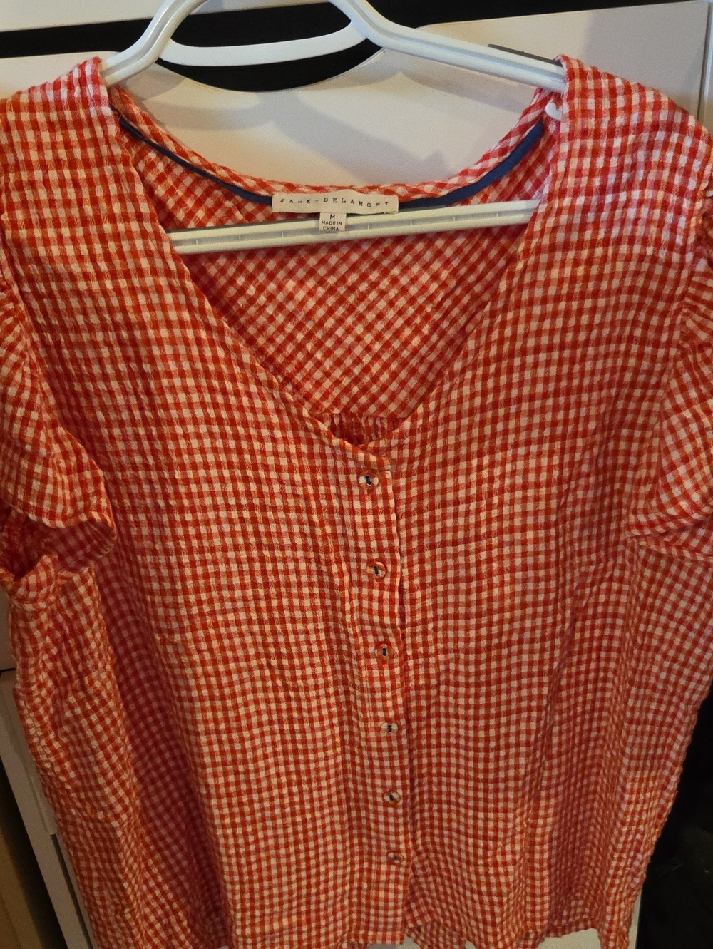 Jane and Delancey Red and White Gingham Check Button-Front Top. Medium